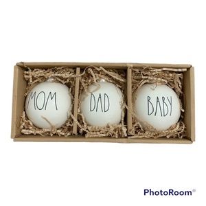 New in Box Rae Dunn Ceramic Ornaments Mom Dad Baby